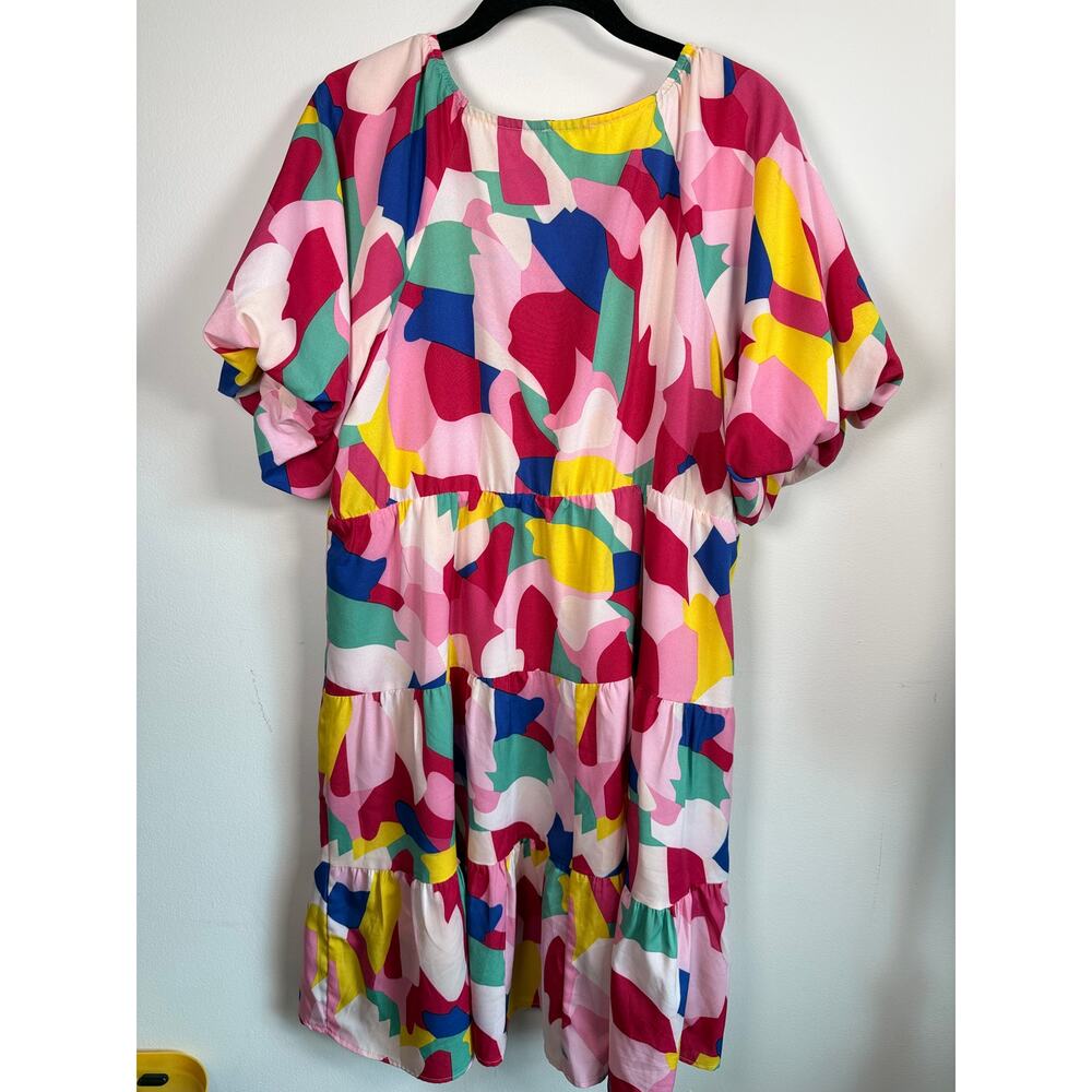AVARA Abstract Print Puff Sleeve Tiered Babydoll Dress Pink Colorblock XL - Picture 3 of 5